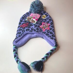 Lol Surprise! Born To Rock Hat Kids Purple Cheetah Winter Hat with Pom Pom NWT